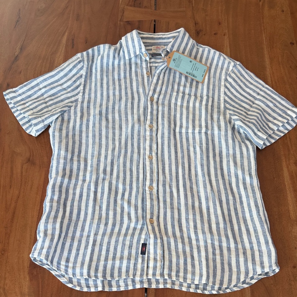 Faherty Blue & White Vertical Stripe Short Sleeve Button-Up Shirt